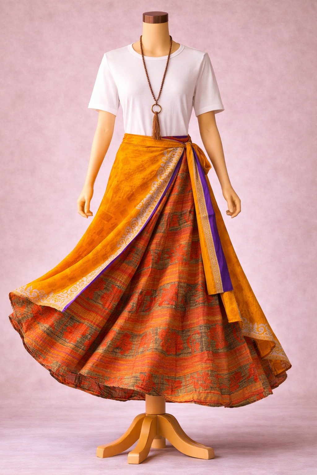 Çift Taraflı Bağlamalı İpek Etek – Soft Turuncu  Desenli (Nepal)