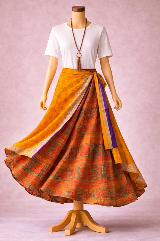 Çift Taraflı Bağlamalı İpek Etek – Soft Turuncu  Desenli (Nepal)