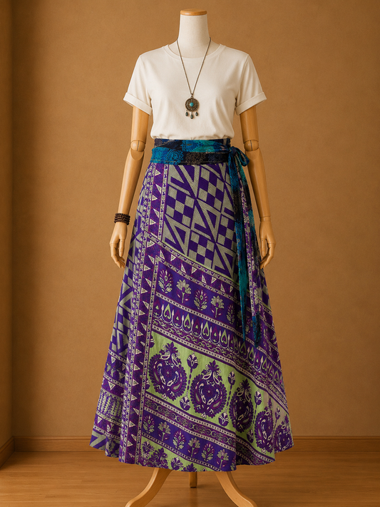 Çift Taraflı Bağlamalı İpek Etek Sarong – Mor Mavi Desenli