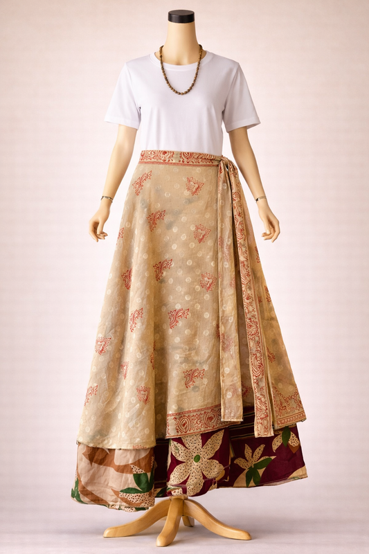 Çift Taraflı Bağlamalı İpek Etek – Bej Kahve Desenli (Nepal)