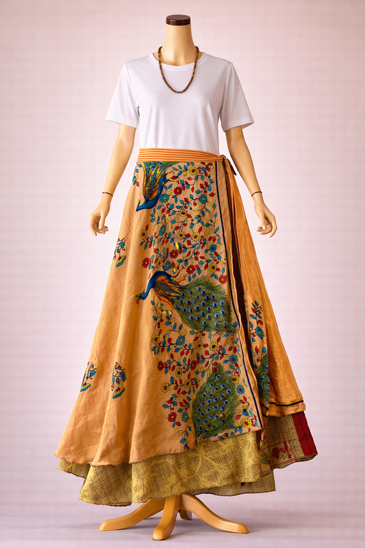 Çift Taraflı Bağlamalı İpek Etek – Somon Sarı Tavuskuşu Desenli (Nepal)