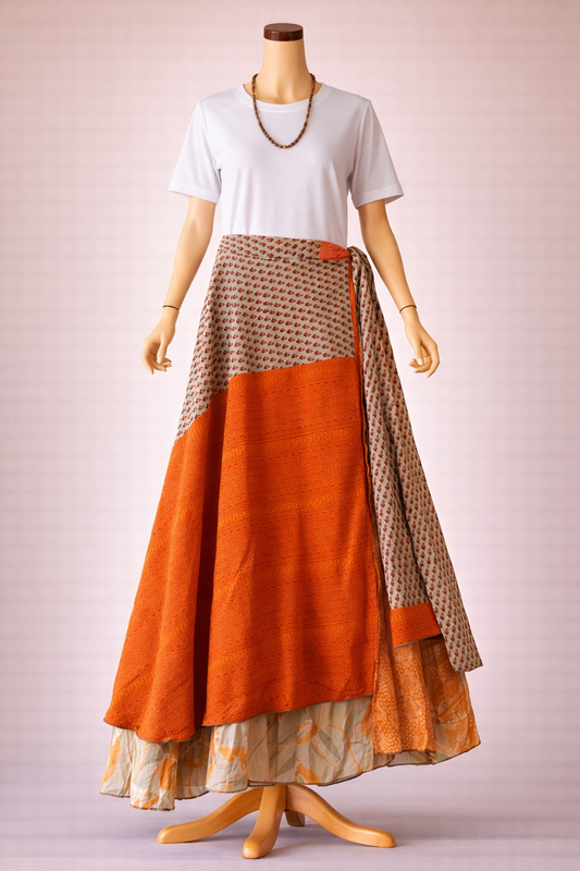 Çift Taraflı Bağlamalı İpek Etek – Turuncu Desenli (Nepal)