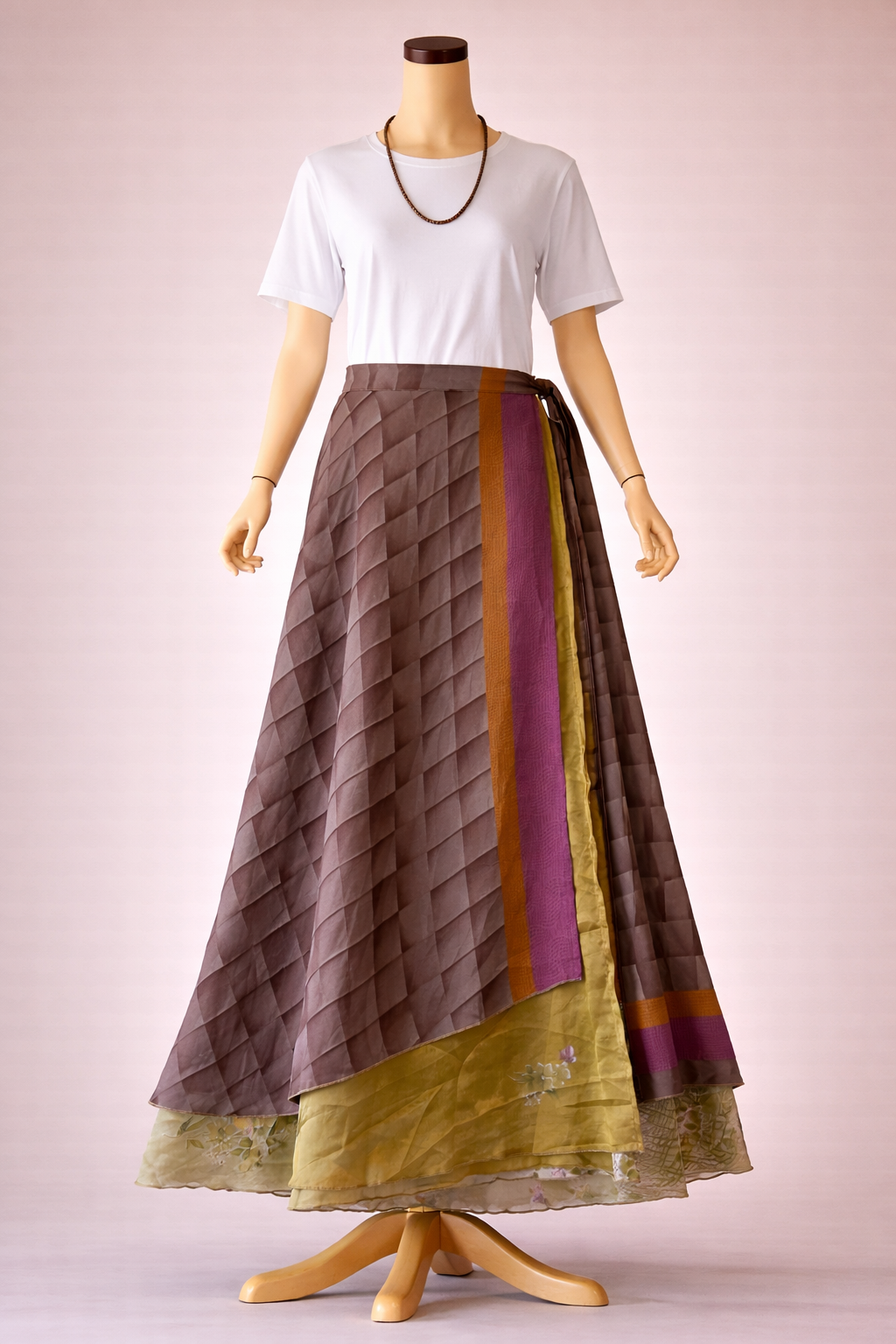 Çift Taraflı Bağlamalı İpek Etek – Vizon Yeşil Desenli (Nepal)