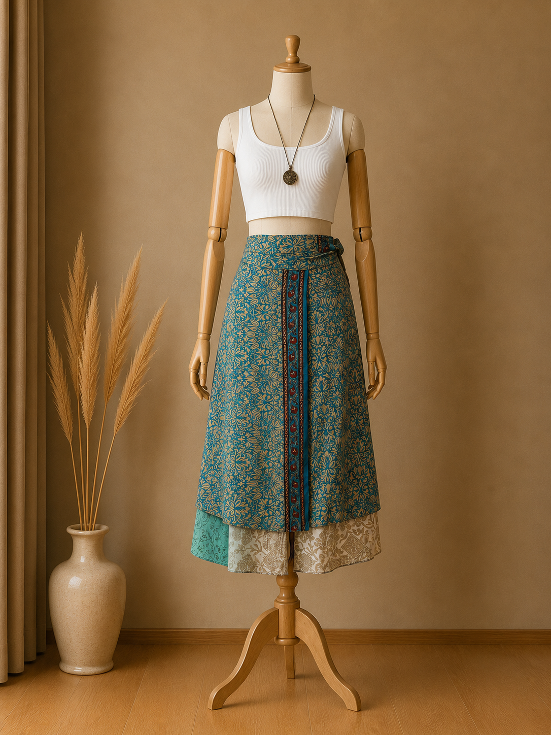Çift Taraflı Bağlamalı İpek Etek Sarong – Mint Mavi Desenli