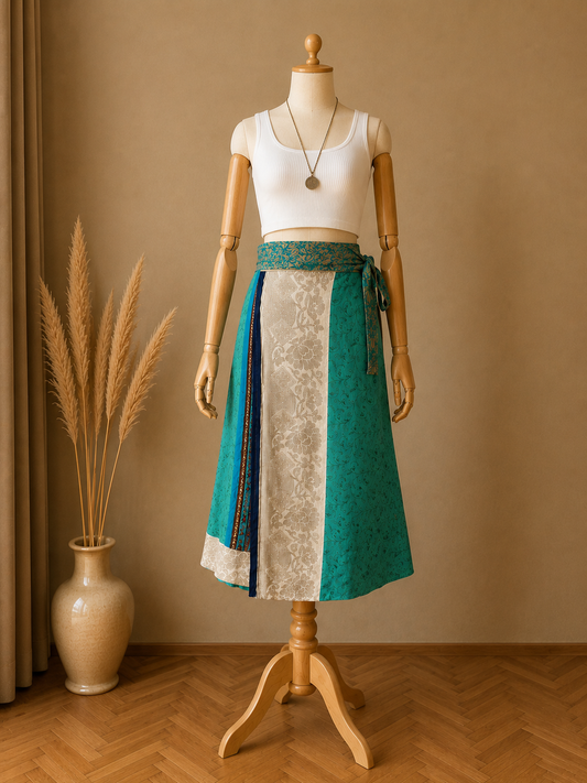 Çift Taraflı Bağlamalı İpek Etek Sarong – Mint Mavi Desenli