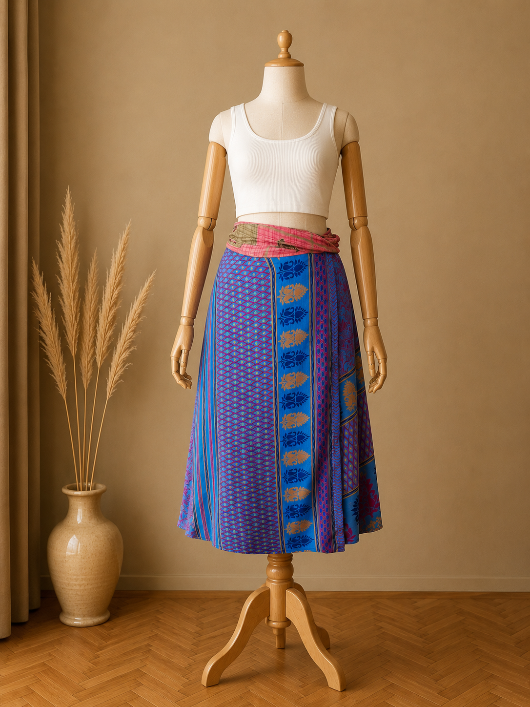 Çift Taraflı Bağlamalı İpek Etek Sarong – Somon Mavi Desenli