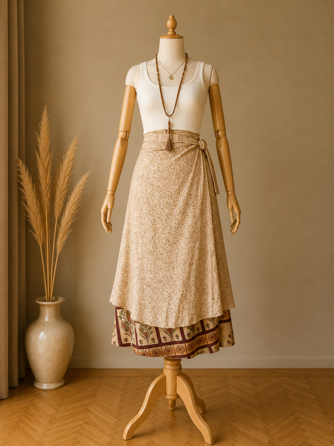 Çift Taraflı Bağlamalı İpek Etek Sarong – Bej Desenli