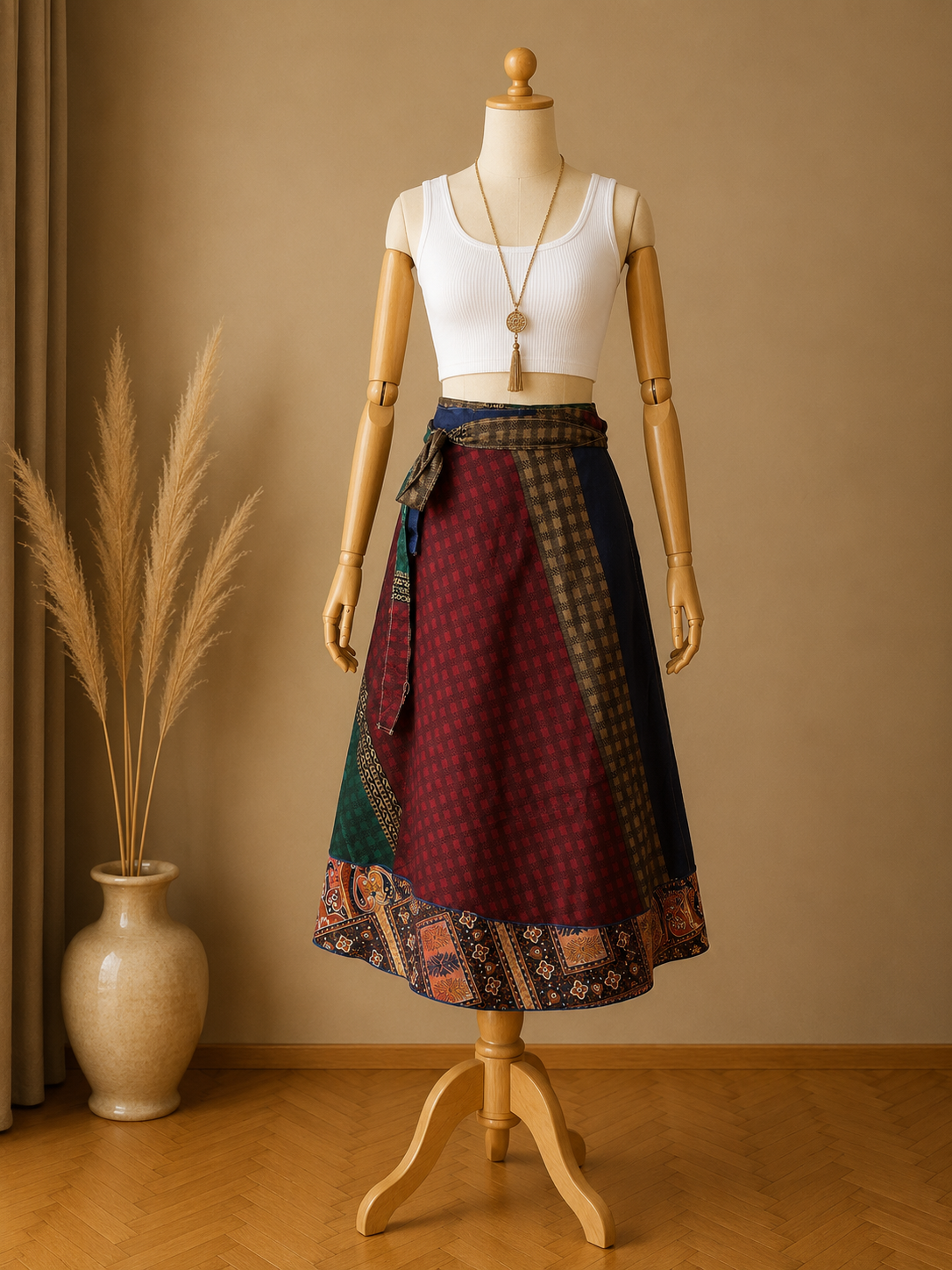 Çift Taraflı Bağlamalı İpek Etek Sarong – Toprak Bordo Desenli