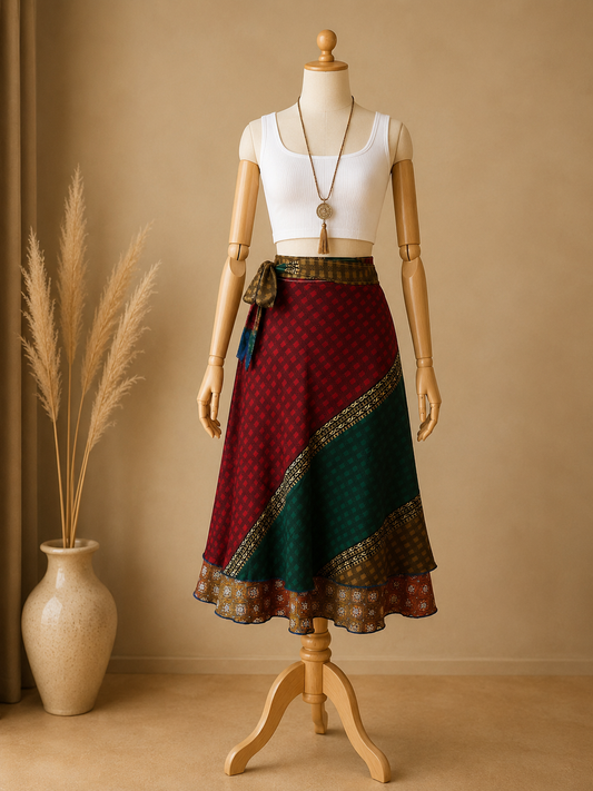 Çift Taraflı Bağlamalı İpek Etek Sarong – Toprak Bordo Desenli