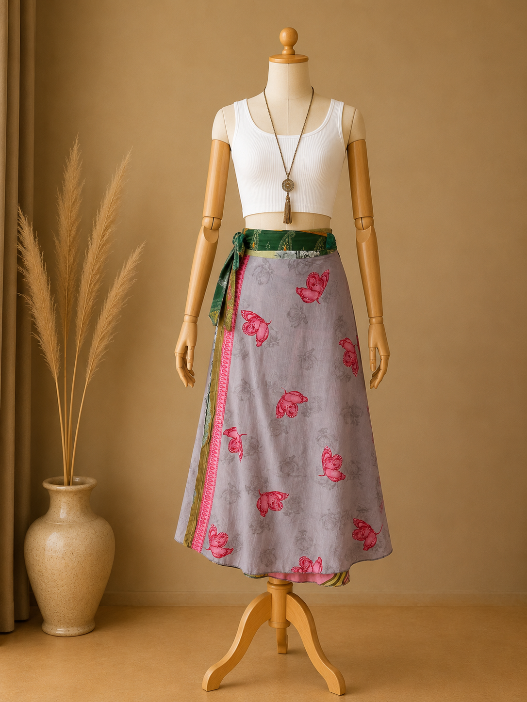 Çift Taraflı Bağlamalı İpek Etek Sarong – Pembe Yeşil Desenli