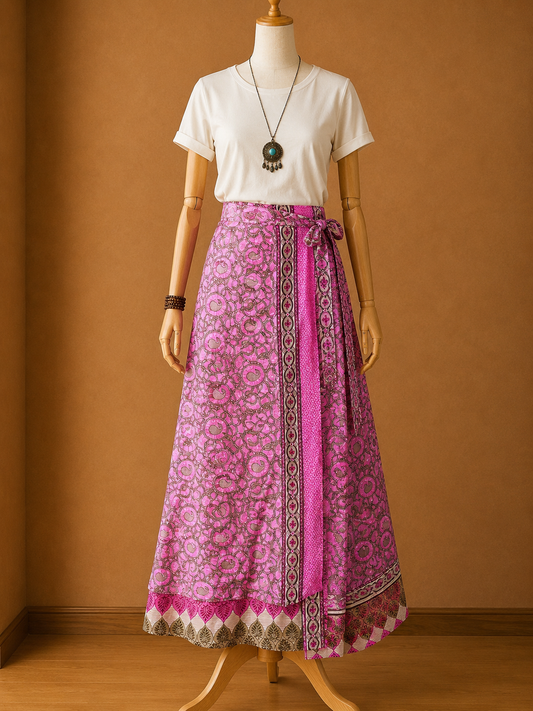 Çift Taraflı Bağlamalı İpek Etek Sarong – Pembe Desenli