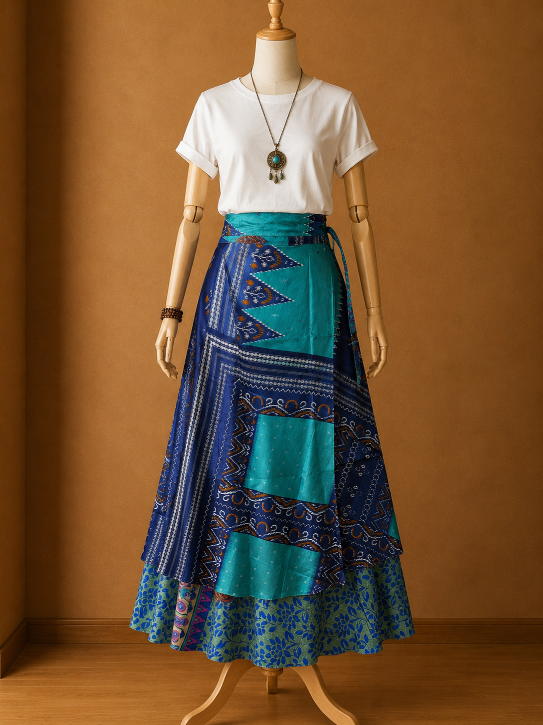 Çift Taraflı Bağlamalı İpek Etek Sarong – Saks Mavi Desenli