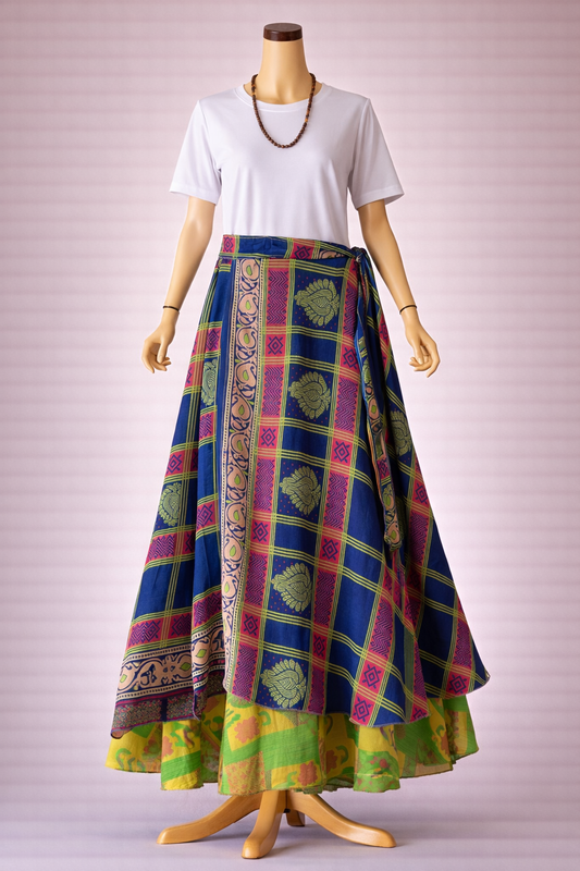 Çift Taraflı Bağlamalı İpek Etek – Mavi Yeşil Desenli (Nepal)