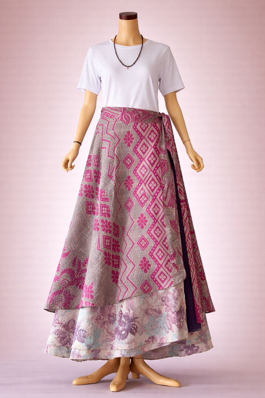 Çift Taraflı Bağlamalı İpek Etek – Pembe Gri Desenli (Nepal)