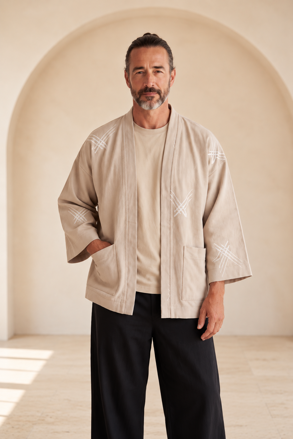 Senka Desenli Erkek Kimono – Dokulu Pamuklu Kumaş, Rahat Kesim