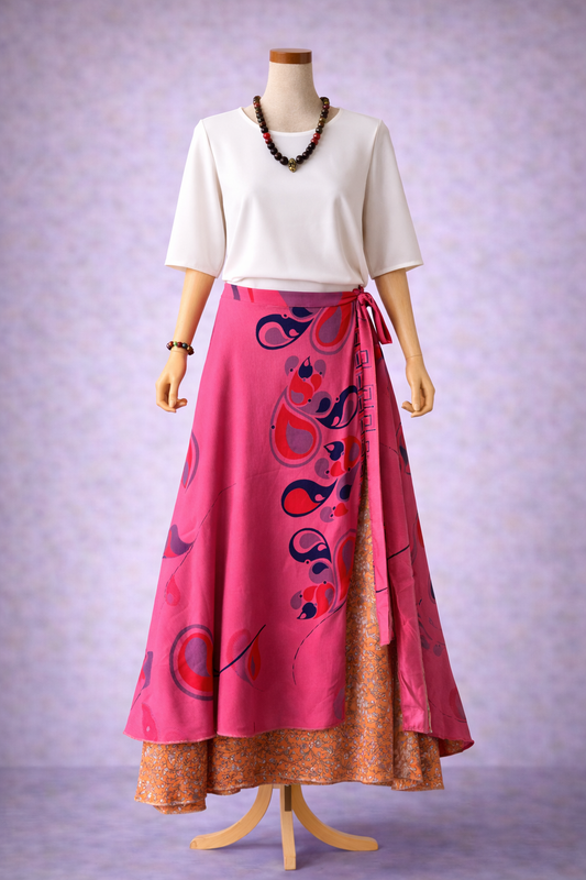 Çift Taraflı Bağlamalı İpek Etek – Pembe Desenli (Nepal)