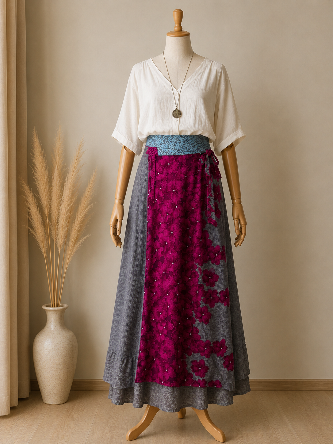 Çift Taraflı Bağlamalı İpek Etek Sarong – Mint Pembe Desenli