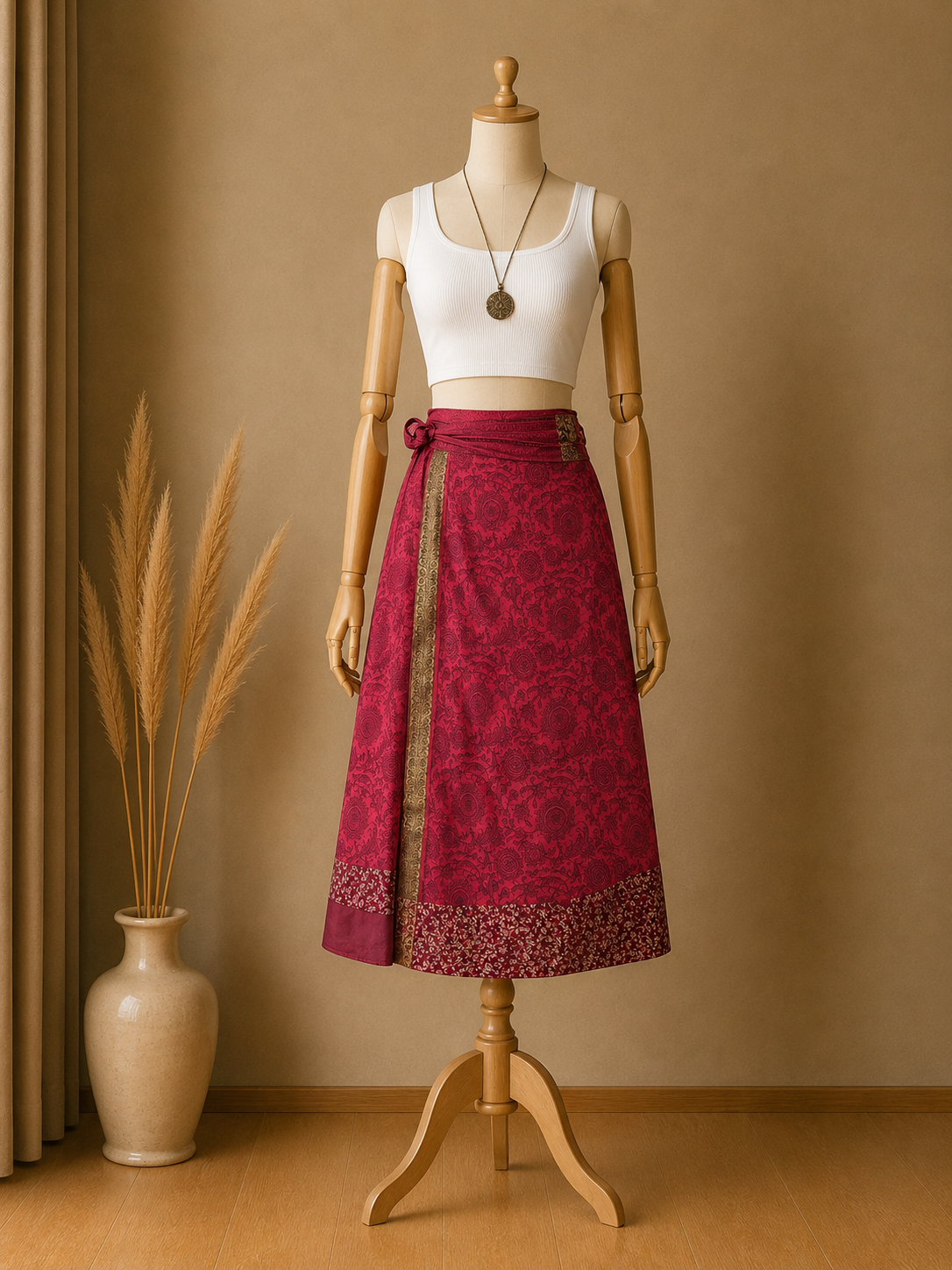 Çift Taraflı Bağlamalı İpek Etek Sarong – Bordo Desenli