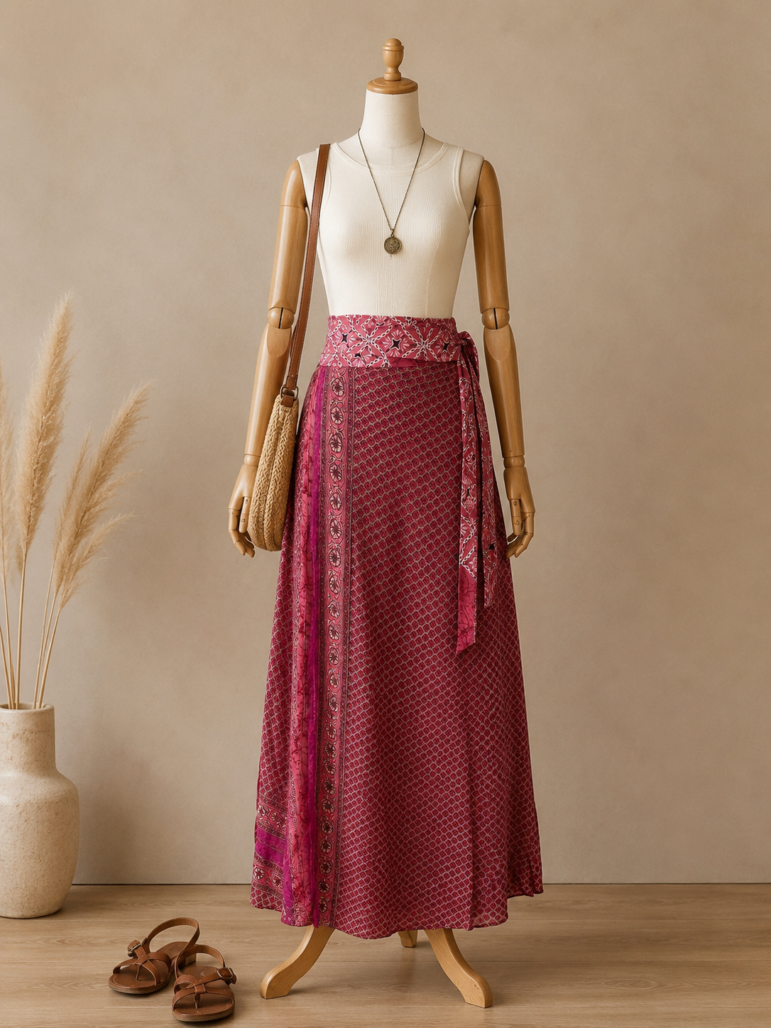 Çift Taraflı Bağlamalı İpek Etek Sarong – Gül Kurusu Pembe Desenli