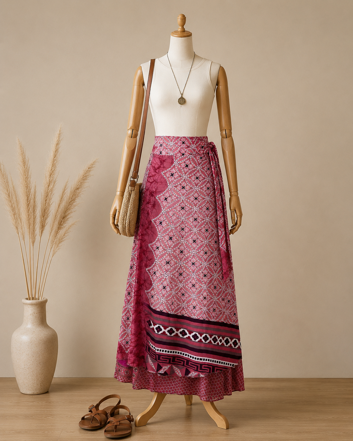 Çift Taraflı Bağlamalı İpek Etek Sarong – Gül Kurusu Pembe Desenli