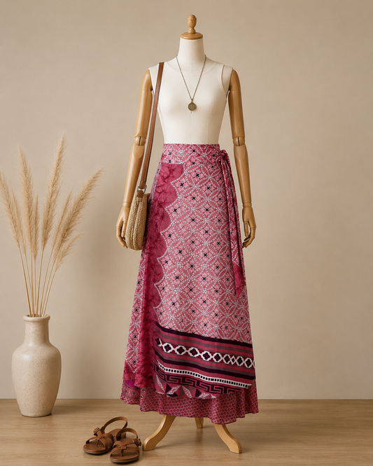 Çift Taraflı Bağlamalı İpek Etek Sarong – Gül Kurusu Pembe Desenli