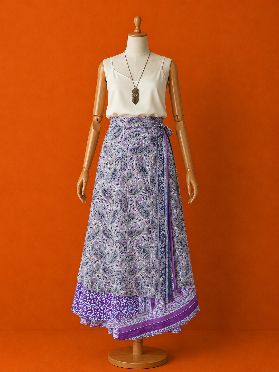 Çift Taraflı Kısa İpek Etek – Lila Desenli Bohem Sarong Etek ve Elbise