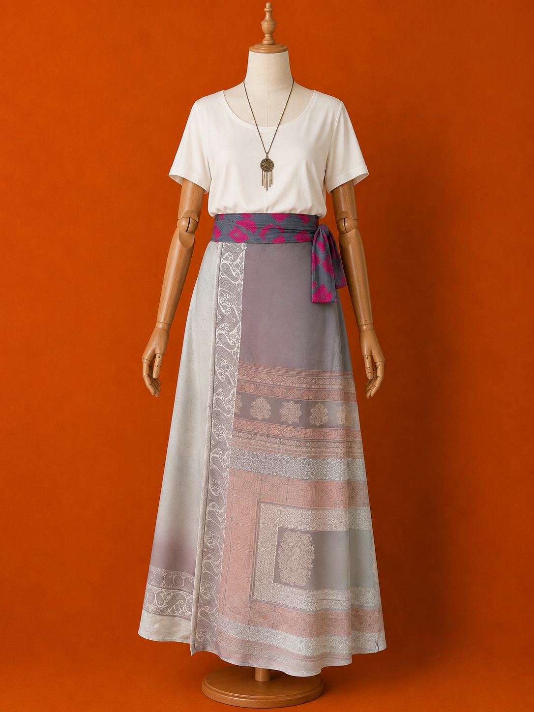 Çift Taraflı Kısa İpek Etek – Antrasit Pembe Desenli Bohem Sarong Etek ve Elbise