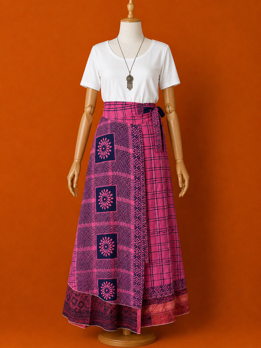 Çift Taraflı Kısa İpek Etek – Pembe Bordo Desenli Bohem Sarong Etek ve Elbise