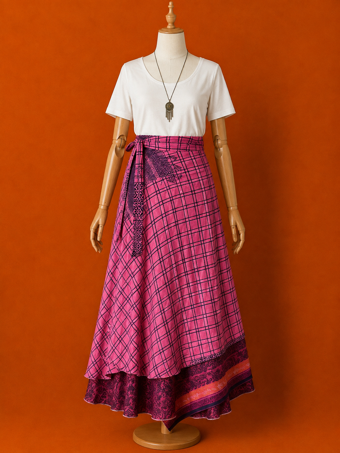 Çift Taraflı Kısa İpek Etek – Pembe Bordo Desenli Bohem Sarong Etek ve Elbise