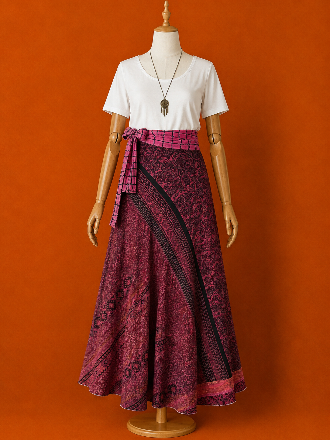 Çift Taraflı Kısa İpek Etek – Pembe Bordo Desenli Bohem Sarong Etek ve Elbise