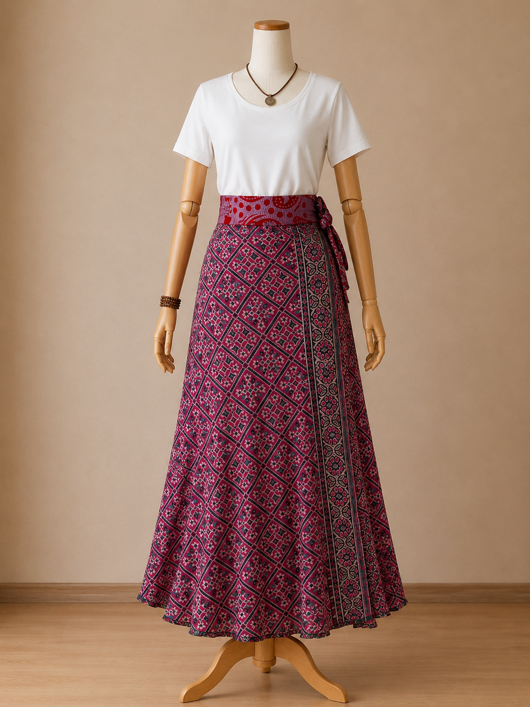 Çift Taraflı Bağlamalı İpek Etek Sarong – Lila Kırmızı Desenli