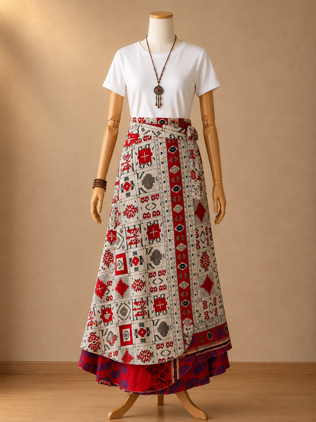 Çift Taraflı Bağlamalı İpek Etek Sarong – Kırmızı Mor Desenli
