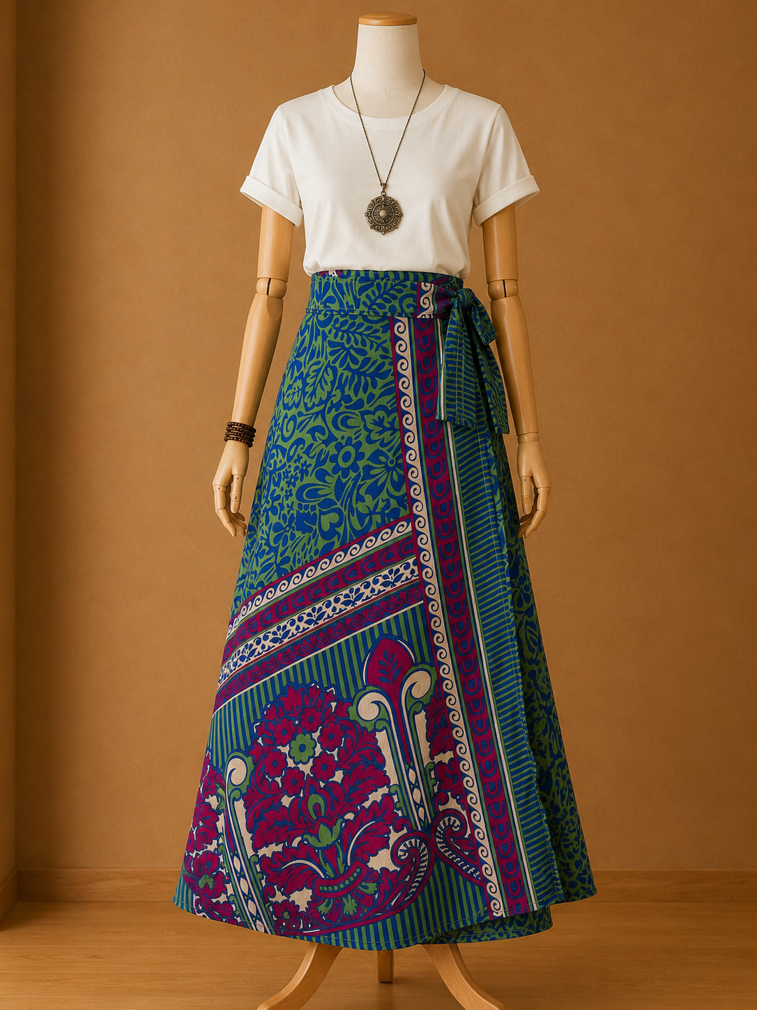 Çift Taraflı Bağlamalı İpek Etek Sarong – Mavi Desenli
