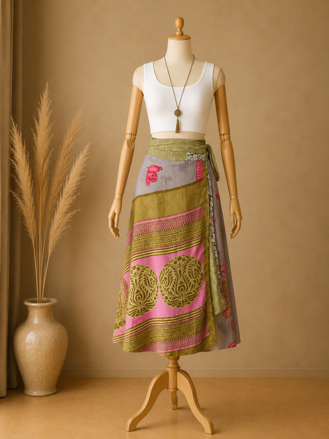 Çift Taraflı Bağlamalı İpek Etek Sarong – Pembe Yeşil Desenli