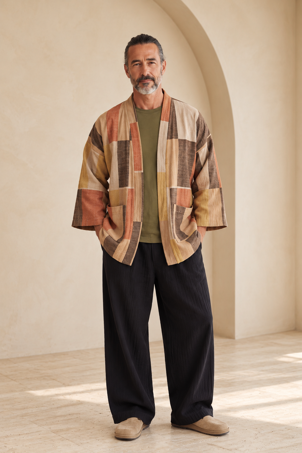 Terra Desenli Erkek Kimono – Dokulu Pamuklu Kumaş, Rahat Kesim