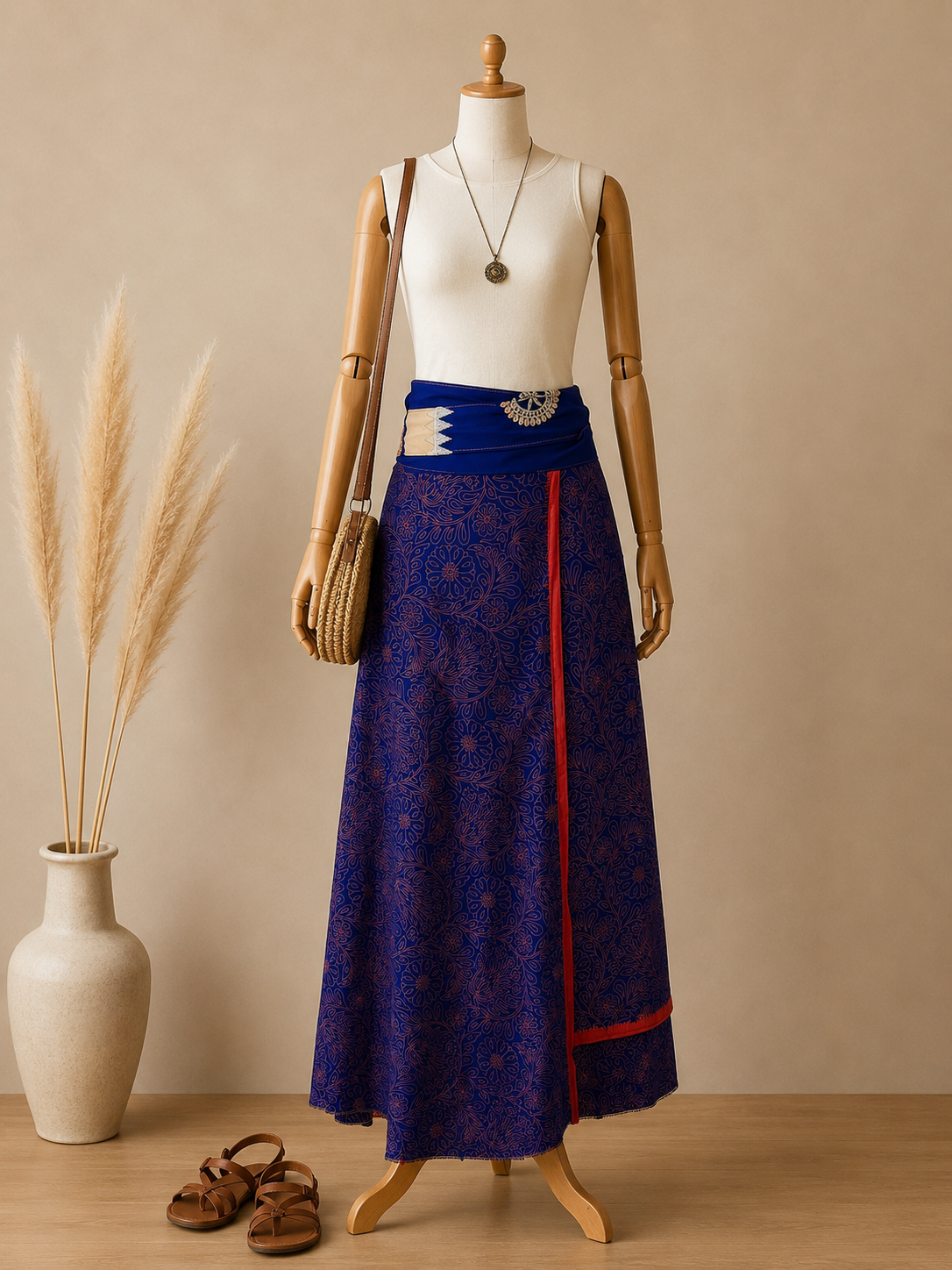 Çift Taraflı Bağlamalı İpek Etek Sarong – Saks Mavi Desenli