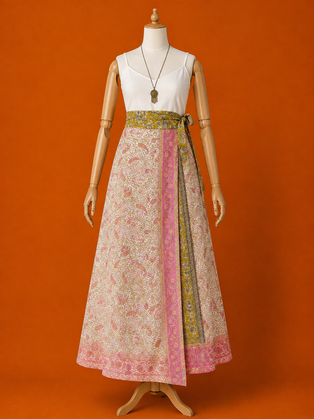 Çift Taraflı Kısa İpek Etek – Yeşil Pembe Desenli Bohem Sarong Etek ve Elbise