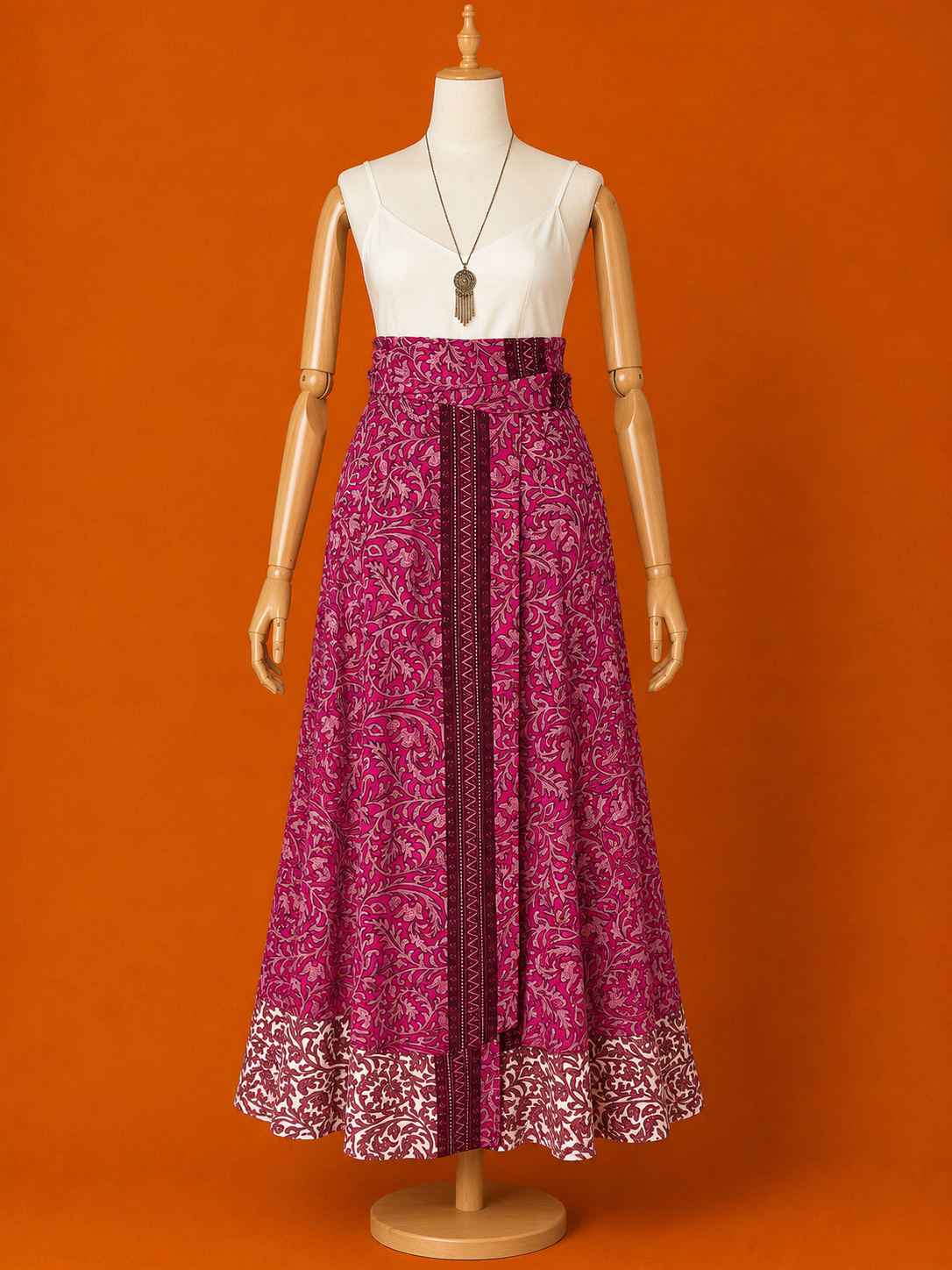 Çift Taraflı Uzun İpek Etek – Pembe Desenli Bohem Sarong Etek ve Elbise