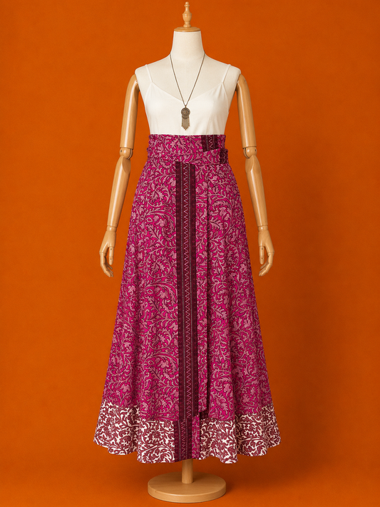Çift Taraflı Uzun İpek Etek – Pembe Desenli Bohem Sarong Etek ve Elbise