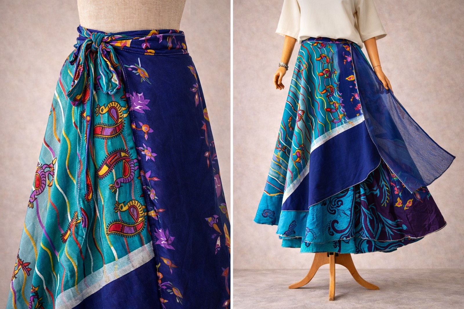 Çift Taraflı Kuş Desenli İpek Etek