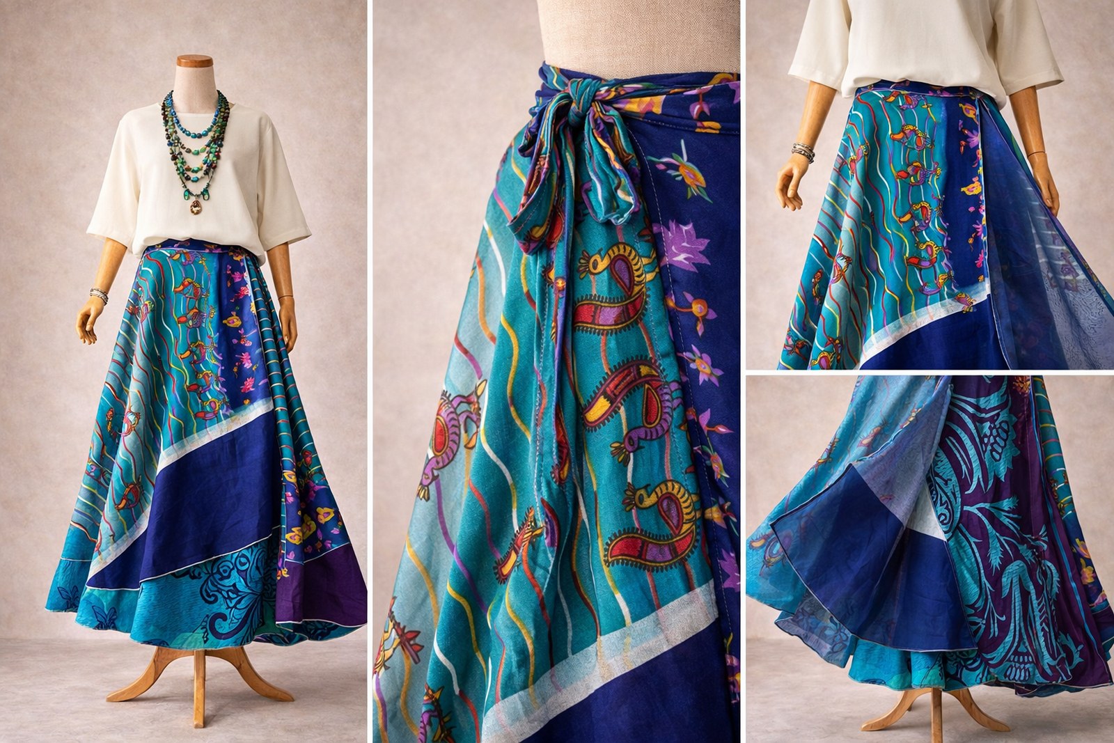 Çift Taraflı Kuş Desenli İpek Etek