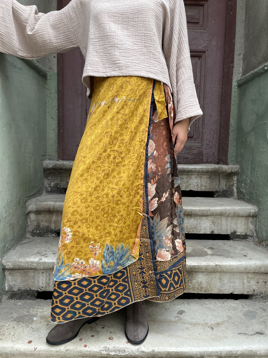 Nepal İpek Çift Taraflı Bağlamalı Etek – Sarı Desenli