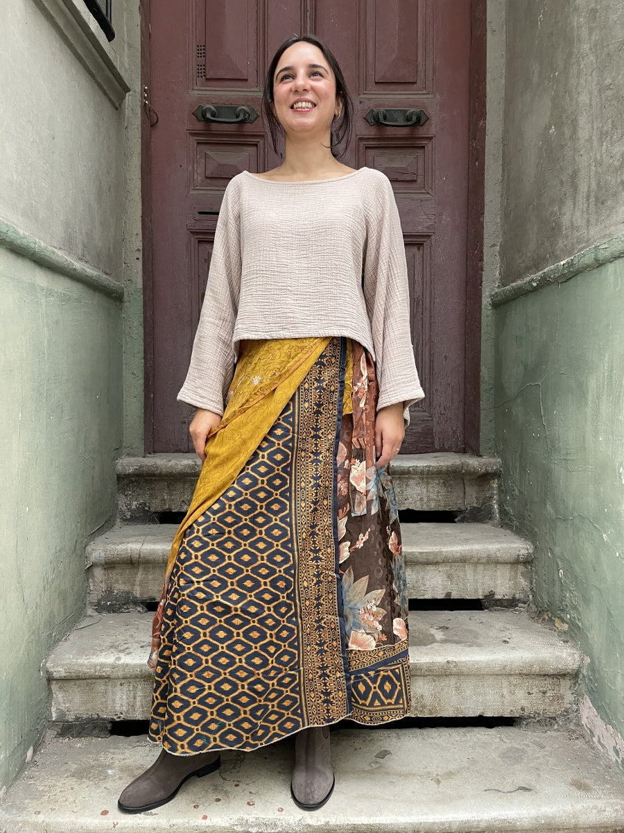 Nepal İpek Çift Taraflı Bağlamalı Etek – Sarı Desenli