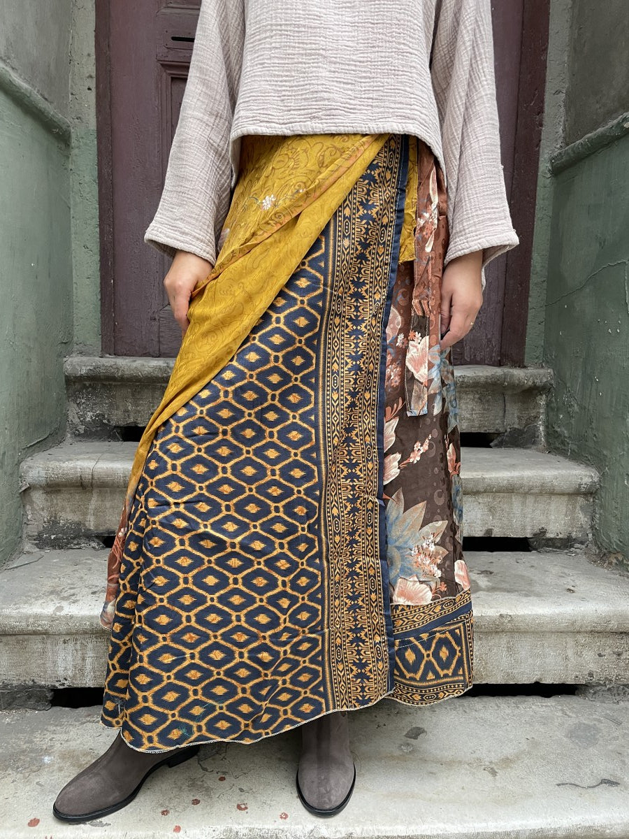 Nepal İpek Çift Taraflı Bağlamalı Etek – Sarı Desenli