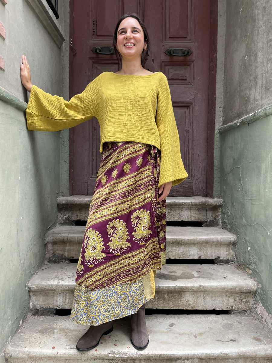 Çift Taraflı Bohem Nepal İpek Etek – Kahve & Sarı Desenli