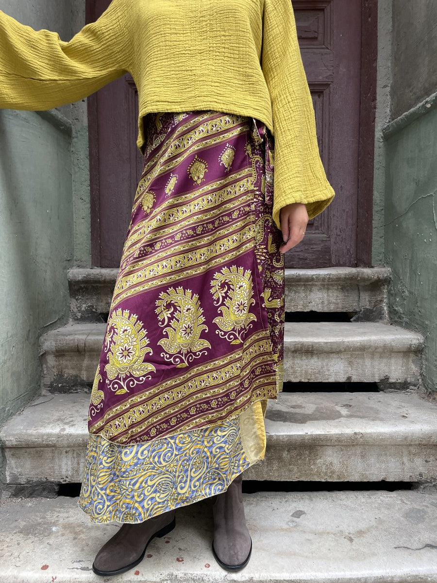 Çift Taraflı Bohem Nepal İpek Etek – Kahve & Sarı Desenli