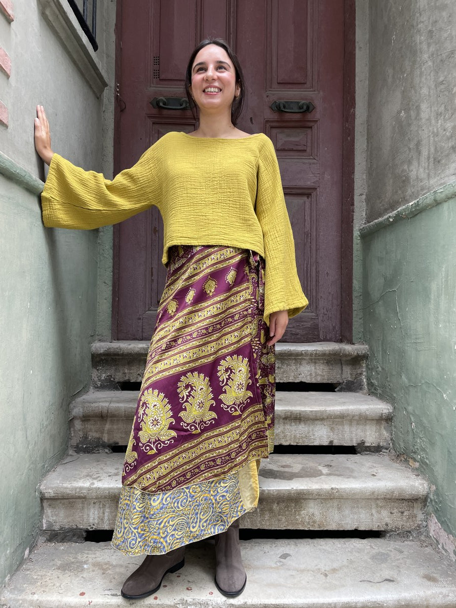 Çift Taraflı Bohem Nepal İpek Etek – Kahve & Sarı Desenli