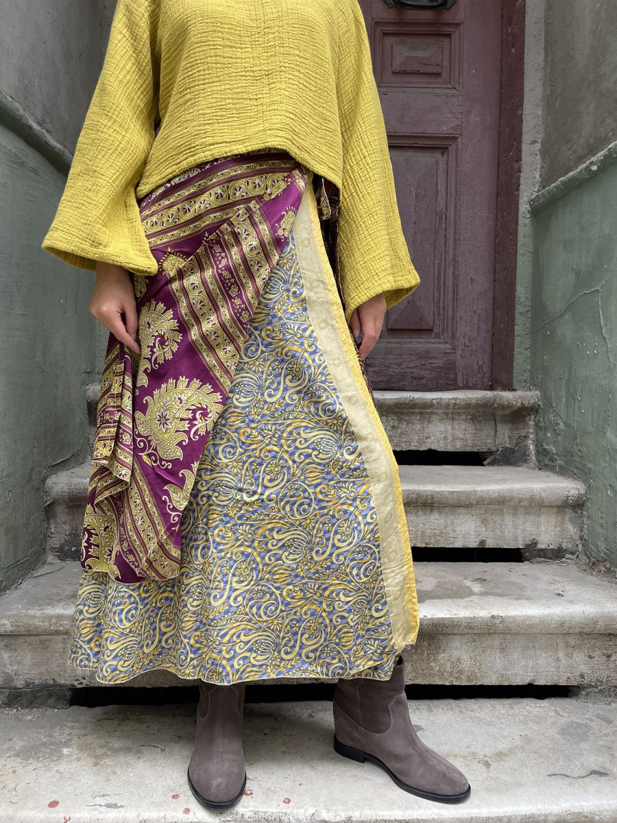 Çift Taraflı Bohem Nepal İpek Etek – Kahve & Sarı Desenli