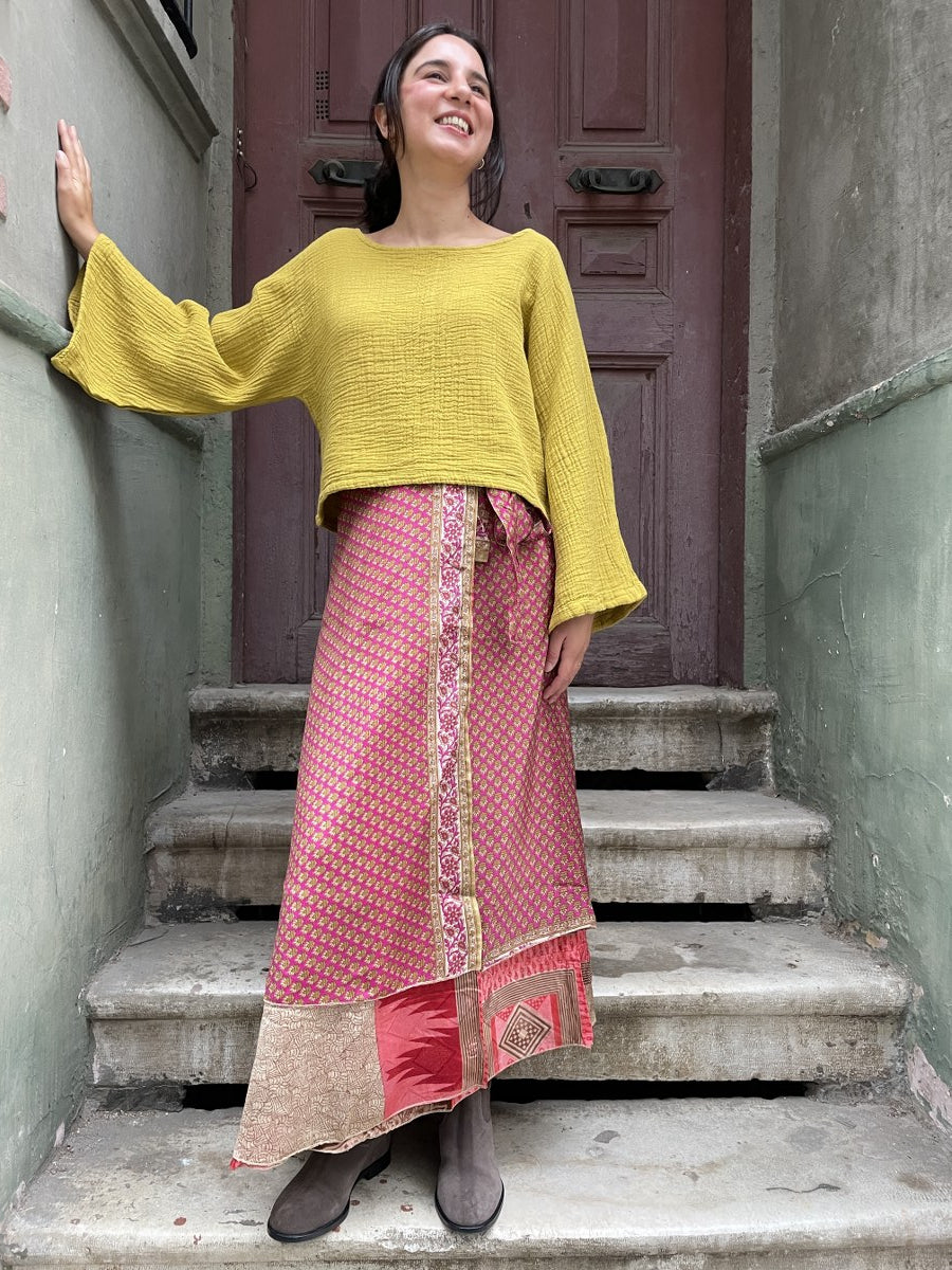 Bohem Nepal Bordo Desenli Bağlamalı İpek Etek