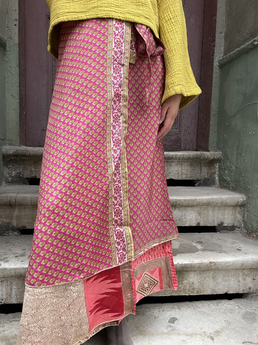 Bohem Nepal Bordo Desenli Bağlamalı İpek Etek